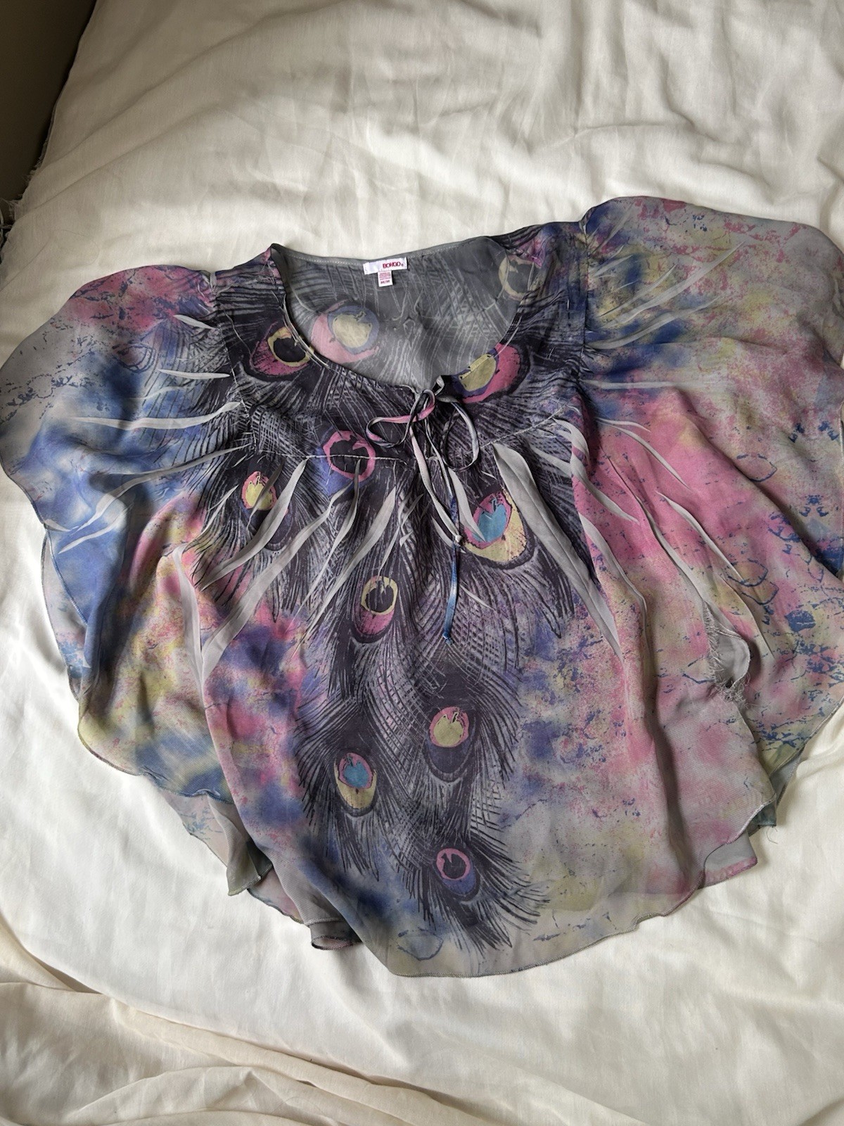 Bongo VTG Poncho Kaftan Medium Peacock Multicolor Grey Blouse Top Y2K Vintage