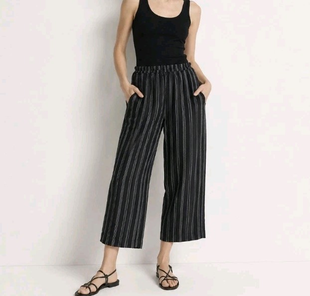 Alembika Wide Leg Cropped Pants Black Striped Elastic Waist Boho Hippie Sz Small