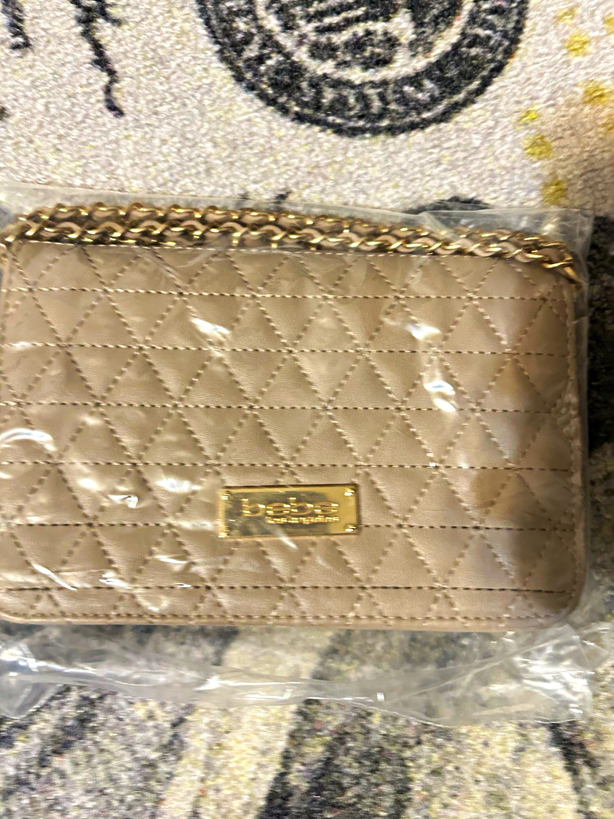 bebe Beige Quilted Women’s Shoulder Bag Gold Chain Strap Solid Rectangle