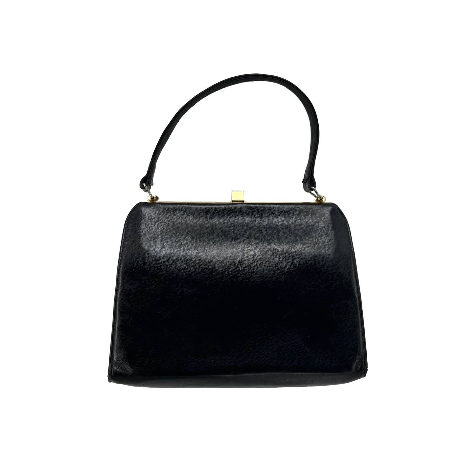 Vintage Leather Kelly Hand Bag 50s 60s Navy Black Gold Mods Gold Clasp Satchel