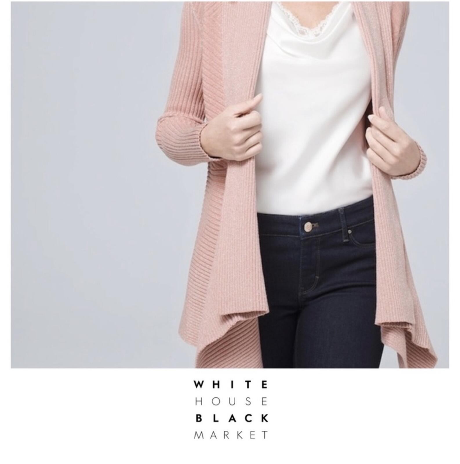White House Black Market Blush Pink Open Front Metallic Ribbed Cardigan Sweater