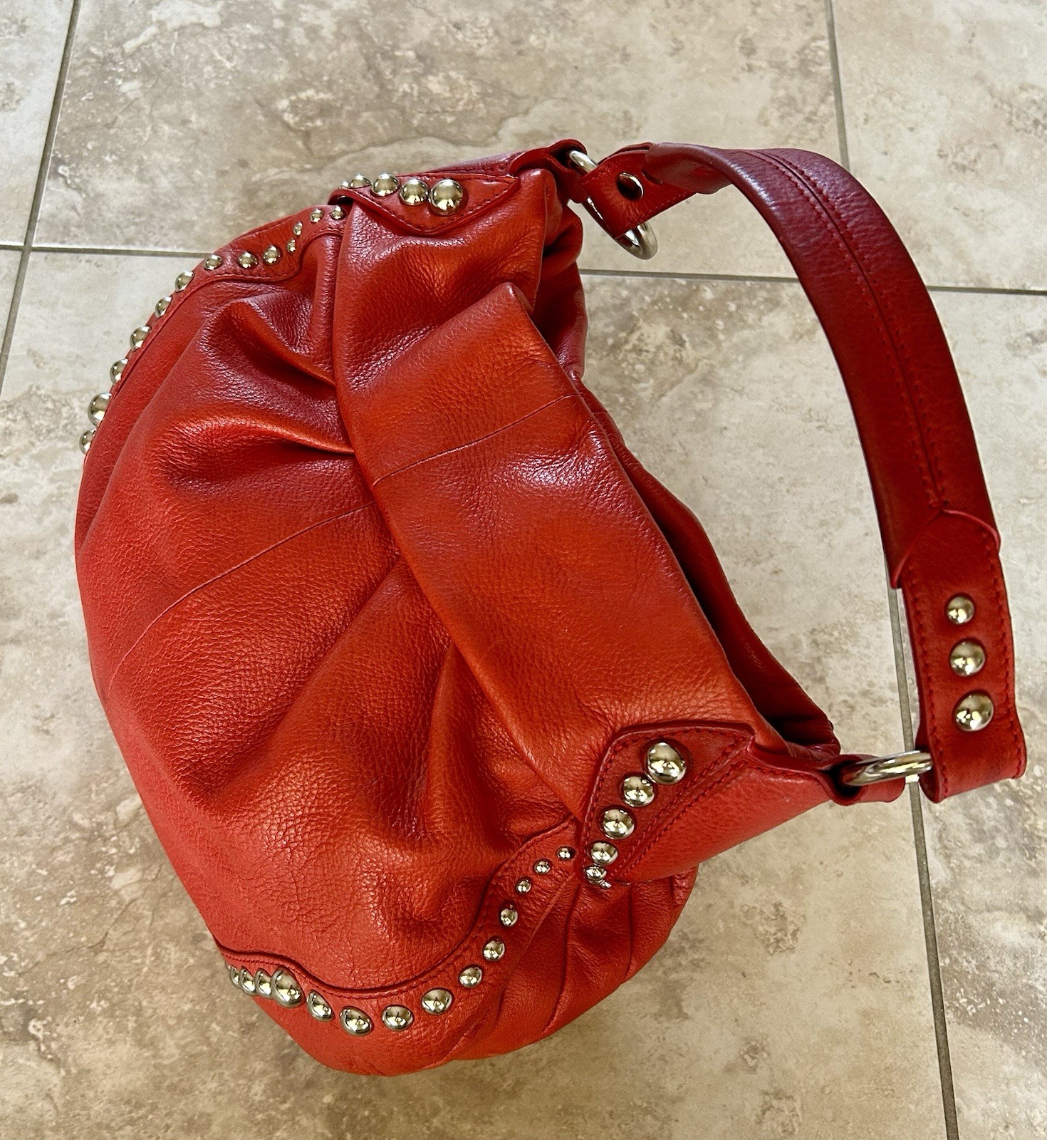 B. Makowsky Red Pebbled Studded Large Hobo Crescent Bag Detachable Strap