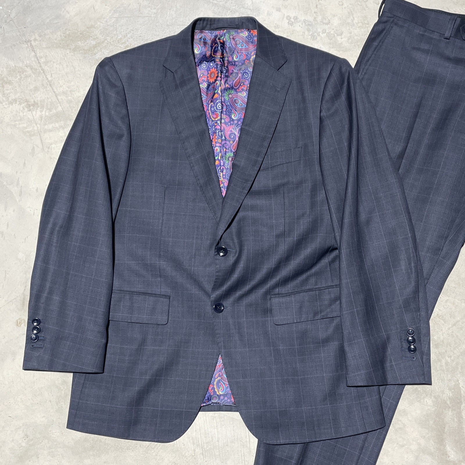 Savile Row Bespoke Grey Purple Plaid Wool Trevira Two-Piece Suit SZ L 36×29