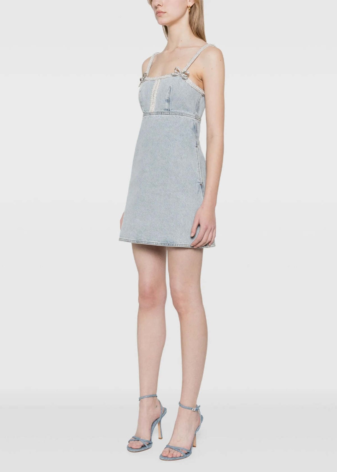 Self-Portrait LIGHT Denim RHINESTONE Pearl-Trim BOW Minidress CUTOUT SZ 8 NWT