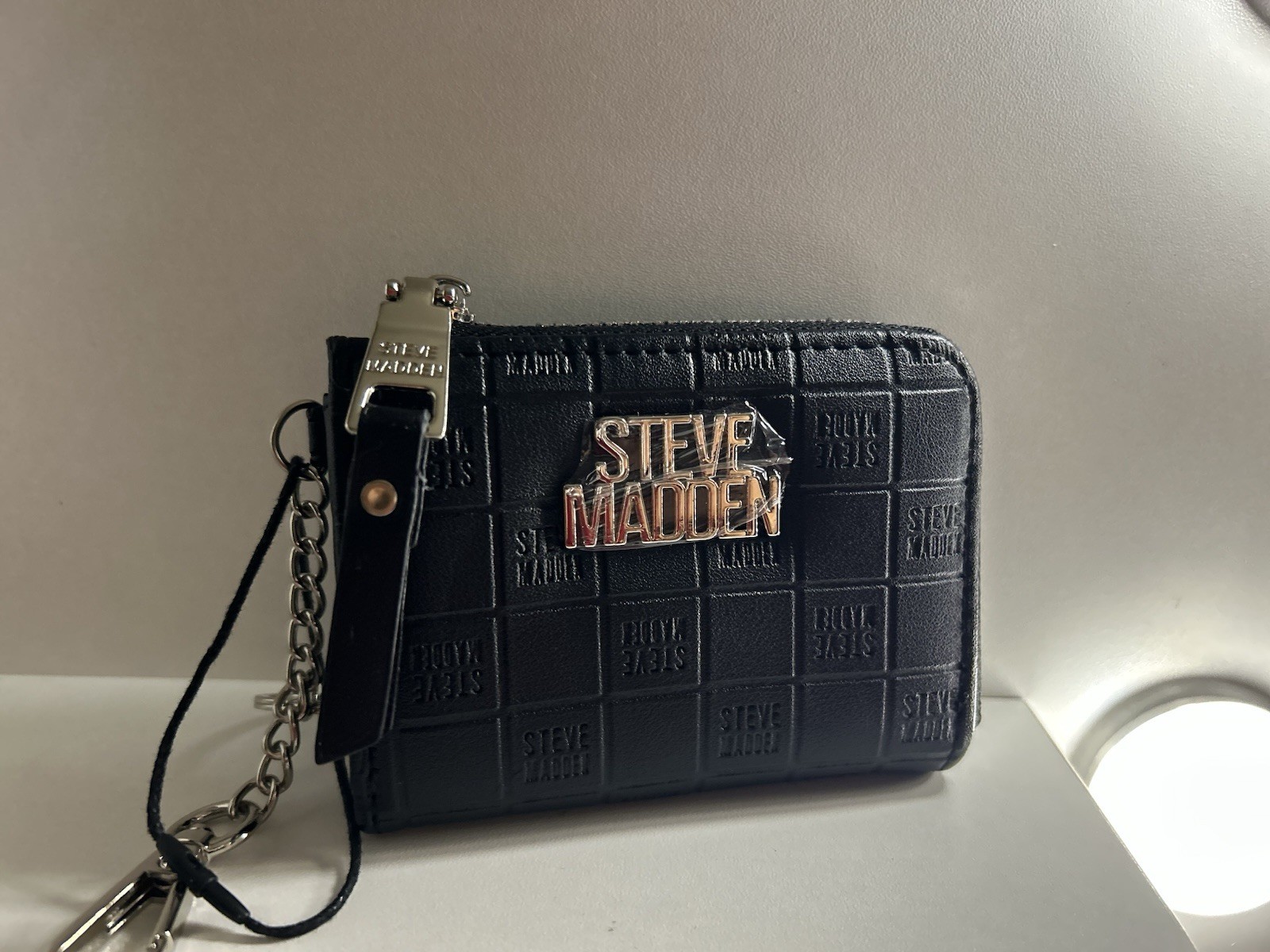 Steve Madden Black Zip-Around Wristlet Wallet w/ Wrist Strap, Logo, Cards