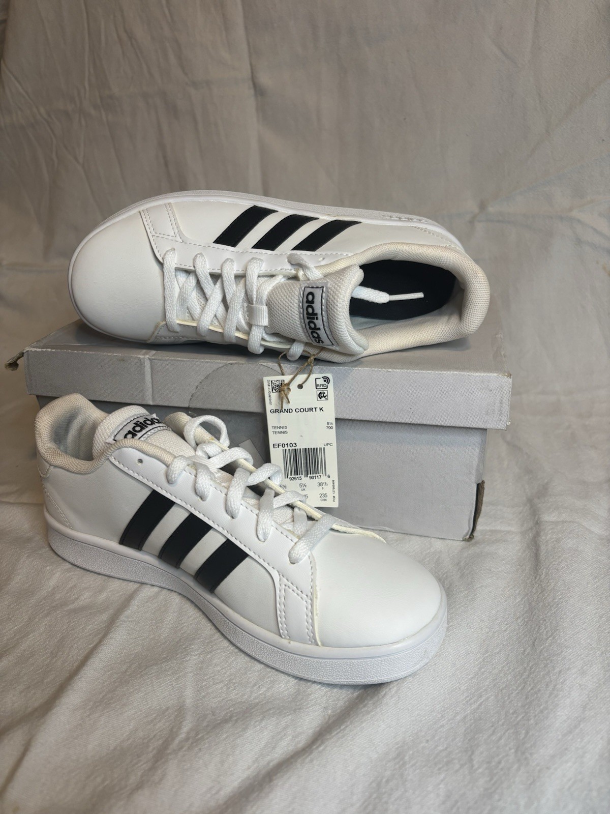adidas Grand Court K White/Black Lace-Up Low Top Tennis Sneakers EF0103