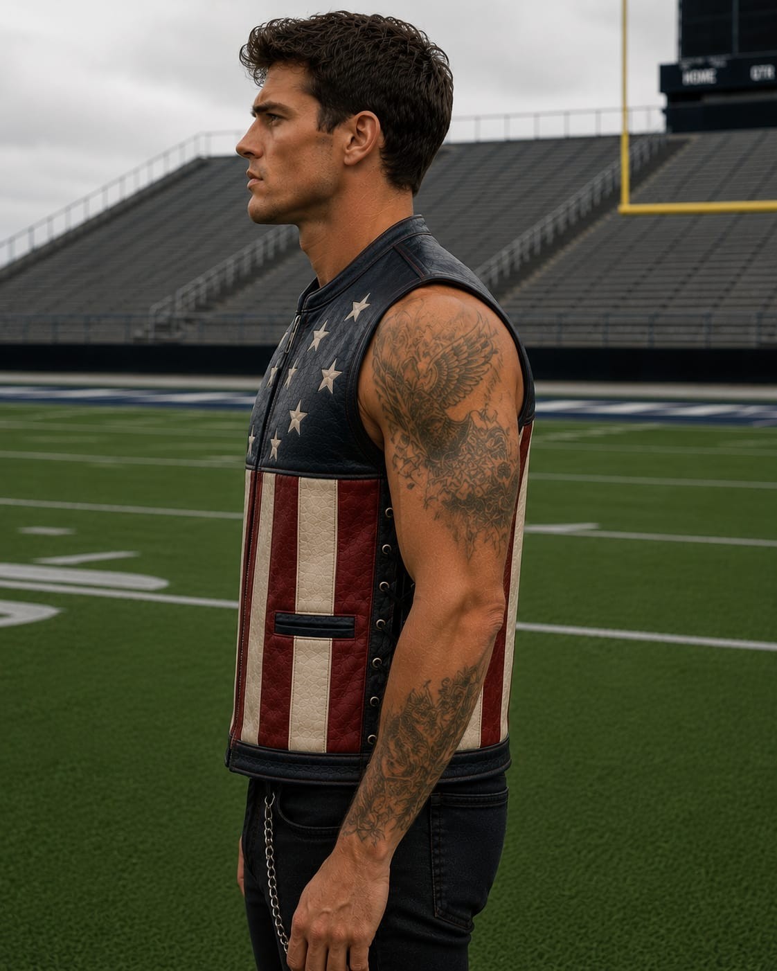 Men’s American Flag Leather Vest USA Stars & Stripes Biker Motorcycle Club Vest.