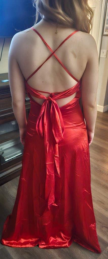 Red Satin Spaghetti Strap Ruched Gown w/ Open Back & Tie Detail