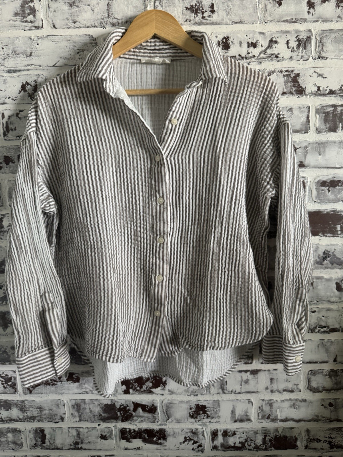Lou & Grey Med Striped Triple Cloth Shirt & Wide Leg Pant 100% Cotton Lounge Set