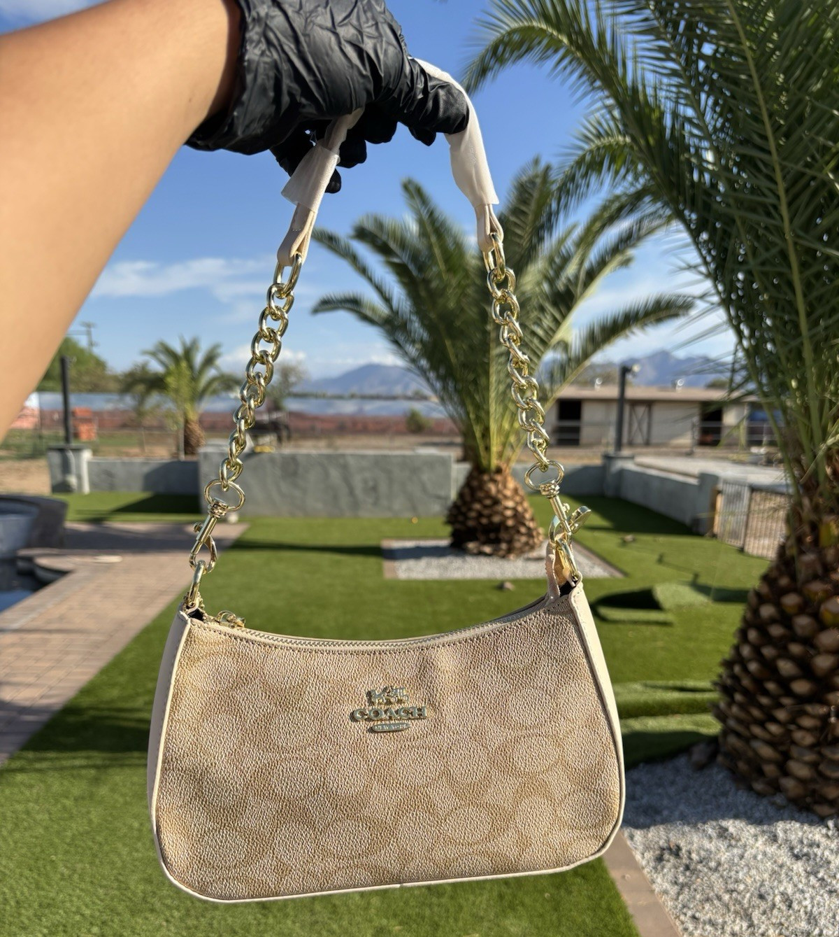Coach Signature Logo Beige Small Shoulder Bag Zip Gold Chain Detachable Strap
