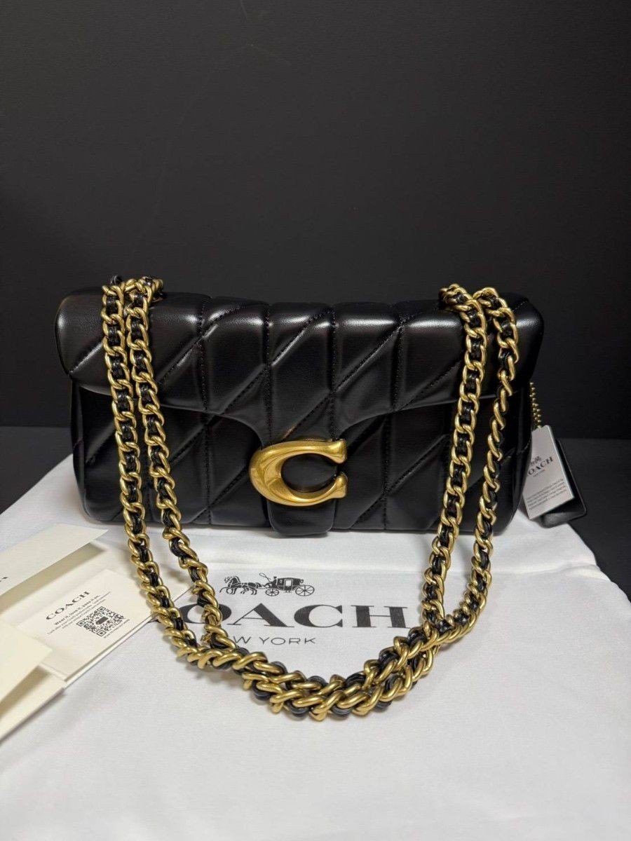 COACH CP150 Tabby Bag Leather with Chain Strap, Black, Zip Inner Snap Pockets