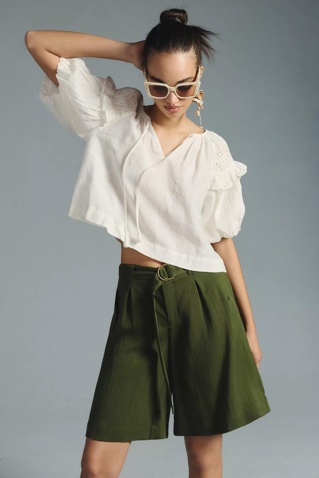 Anthropologie, Self Contrast Smocked Linen Blouse, White, Puff Sleeve XL