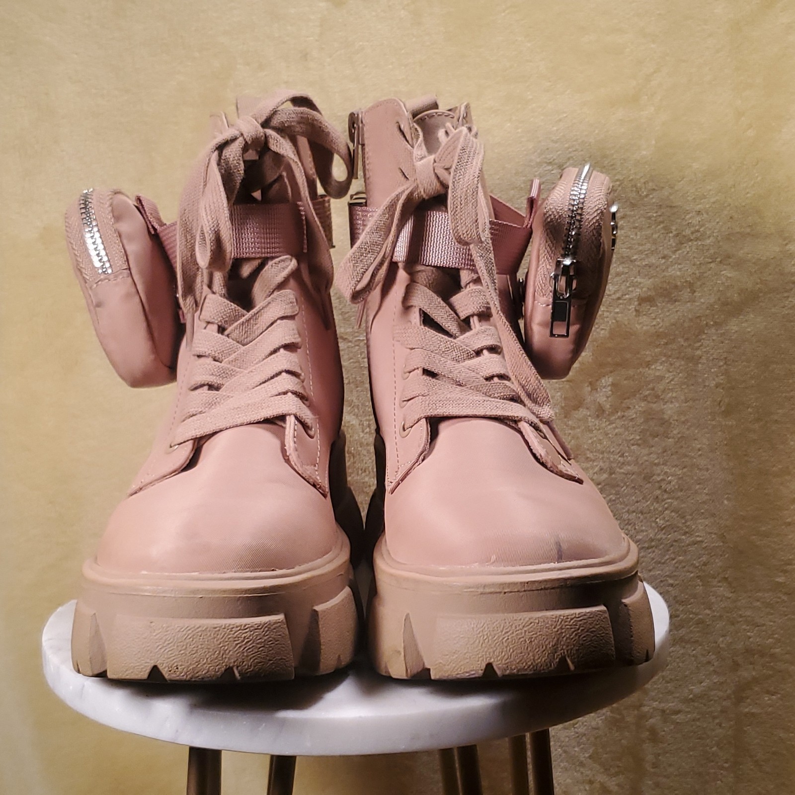 Steve Madden Thunder Women’s Beige Mid-Calf Combat Boots US 7 Pouch Lug Sole