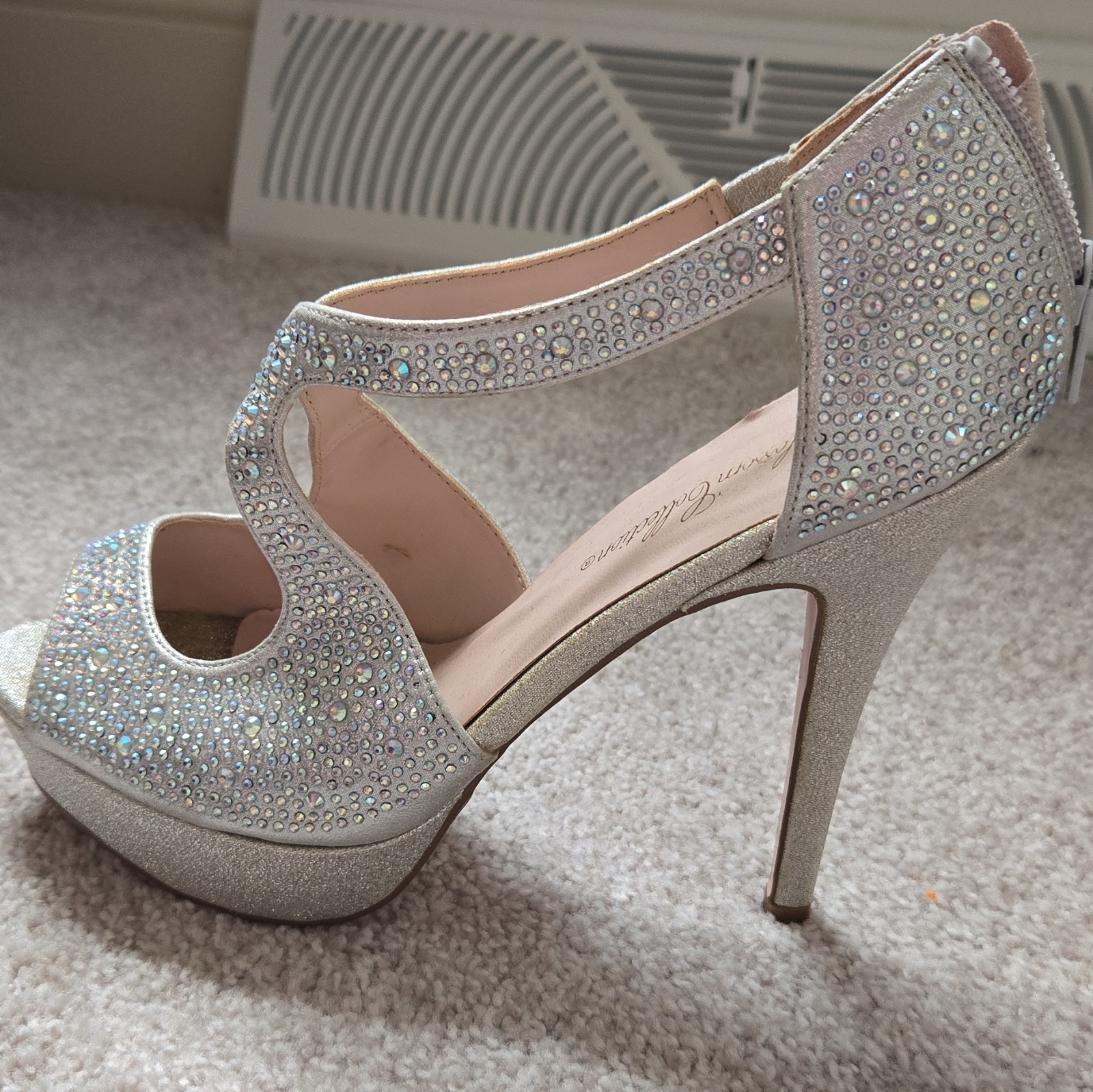 Blossom Collection Silver Rhinestone Platform Stiletto Open Toe Zip Heels