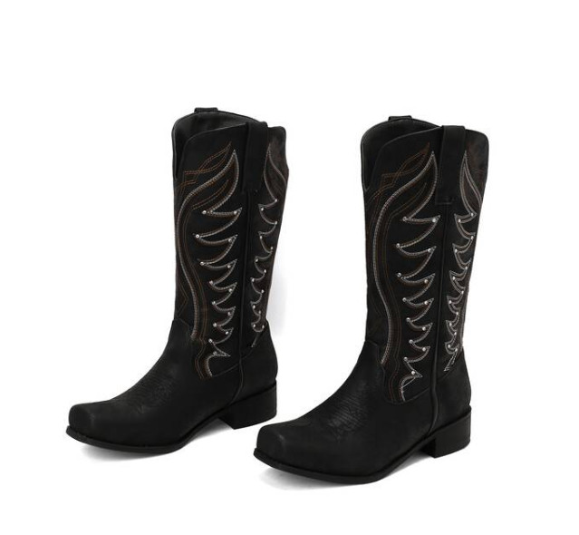 Cowboy Women Square Toe Block Heel Mid Calf Riding Boot Embroidery Shoes Western