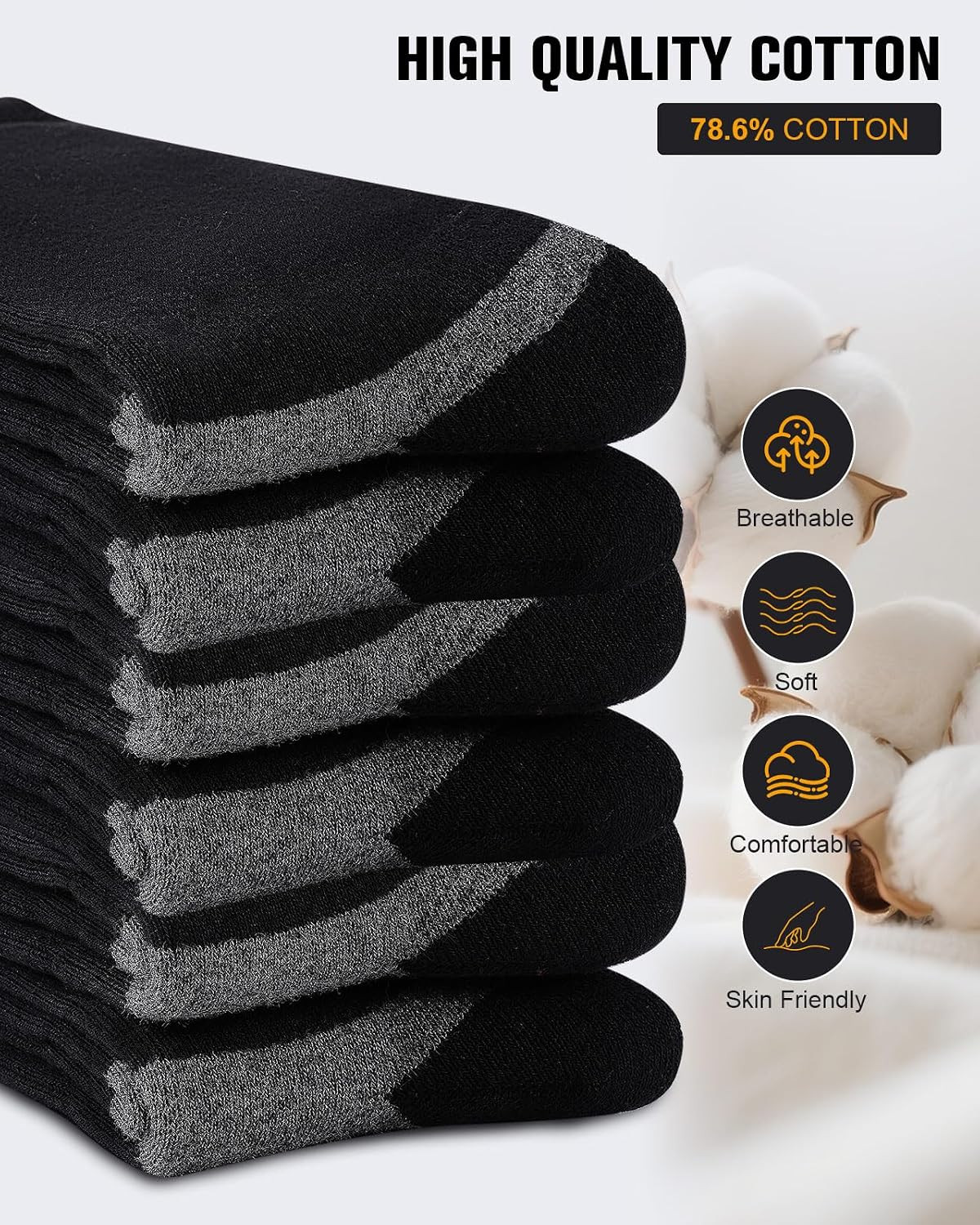 6 Pairs Men’s Cotton Crew Work Boot Socks, Moisture Athletic Sports Socks for Hi