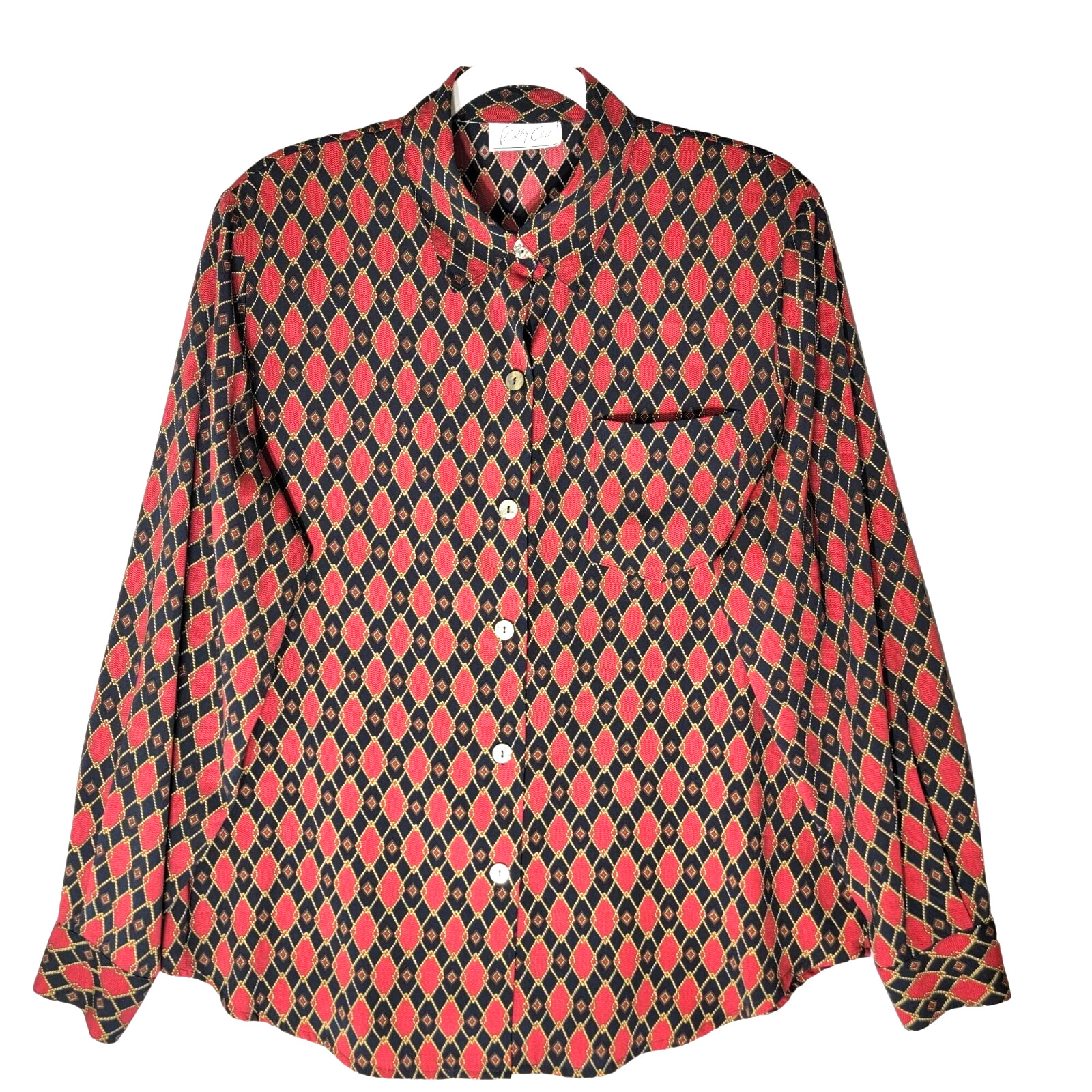 Vtg Secretary Blouse Womens 1X Chain Print Buttons Padded Retro Office Mature