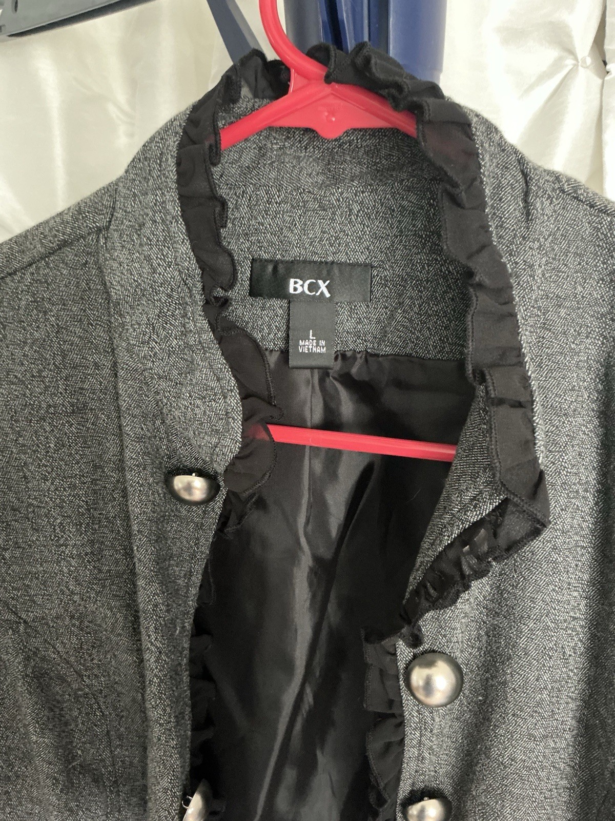 BCX Women’s L Dark Grey Fitted Blazer Black Ruffled Trim Silver Military Buttons