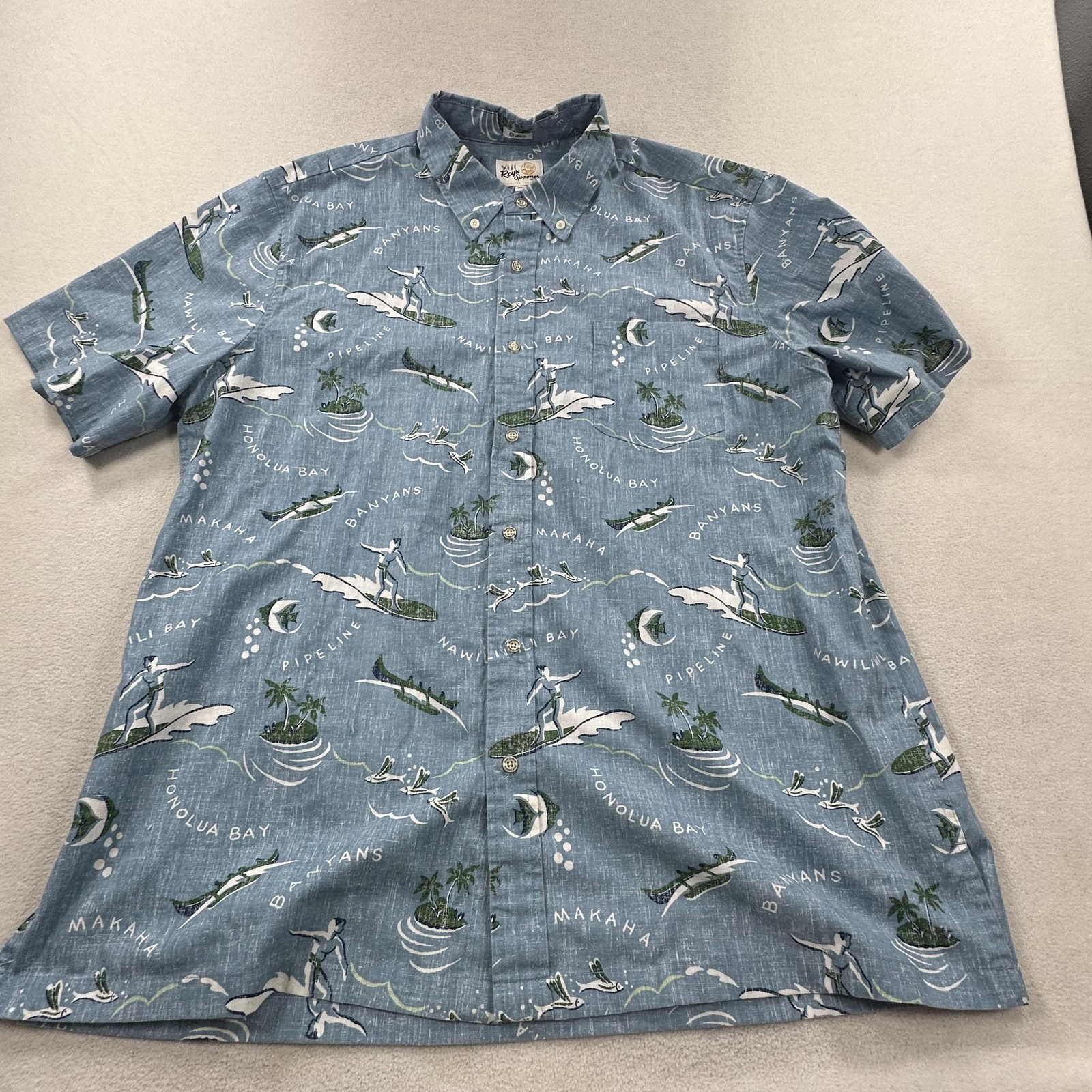 Reyn Spooner Hawaiian Shirt Mens XL Blue Ocean Chillin’ Surf Map Limited Issue