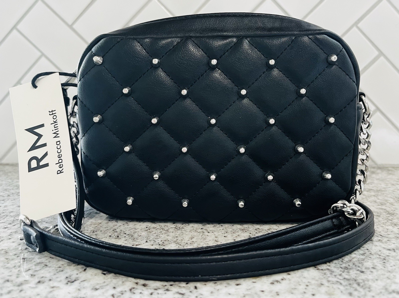 NWT REBECCA MINKOFF Small Diamond Quilt Studded Top Zip Crossbody Bag Purse NEW