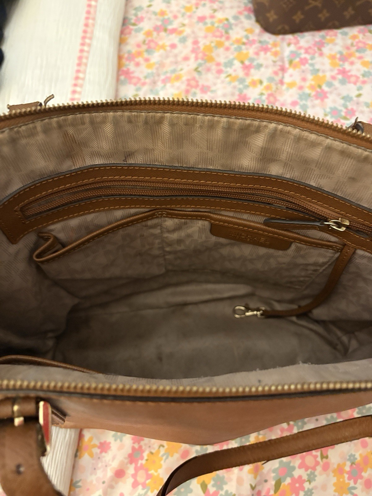 Michael Kors Women’s Brown Zip-Top Tote w/ MK Charm, Pockets, Gold Hardware