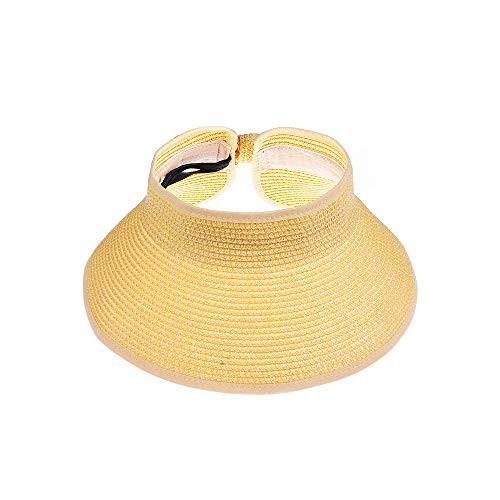Kids Summer Roll Up Sun Visor Hat Wide Brim Straw Teens Beach One Size Yellow
