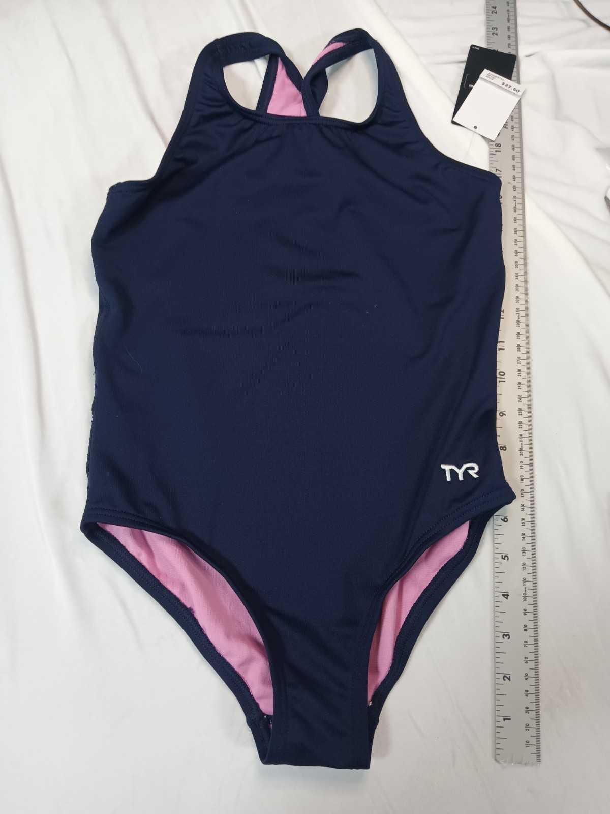 TYR Girls Solid Maxfit One Piece Swimsuit Navy/Pink Size L (10/12)