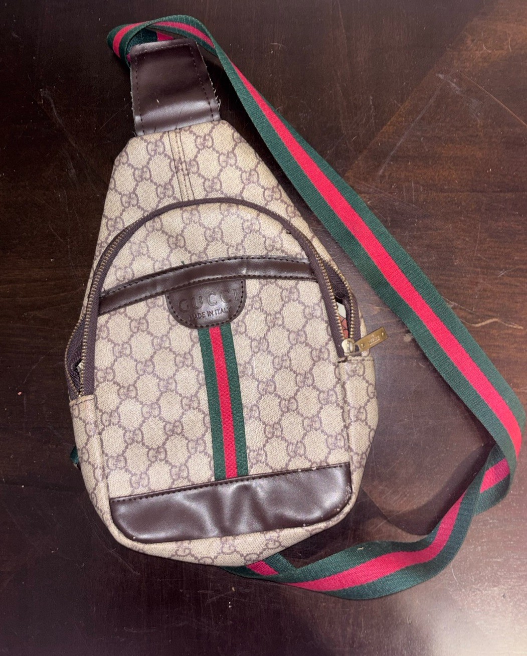 Gucci GG Pattern Web Stripe Crossbody/Shoulder Bag Zip Adjustable Strap Gold