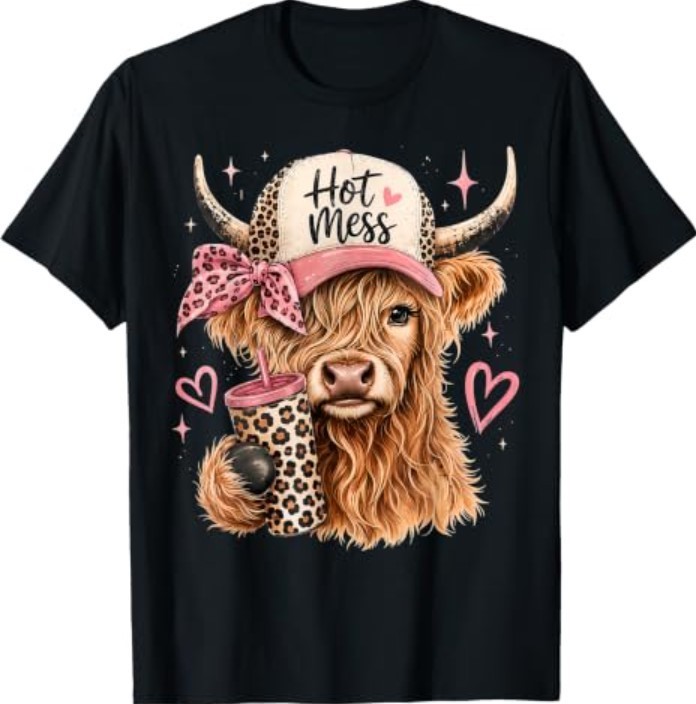 Hot Mess Leopard Highland Cow Funny Coffee Lover Graphic T-Shirt
