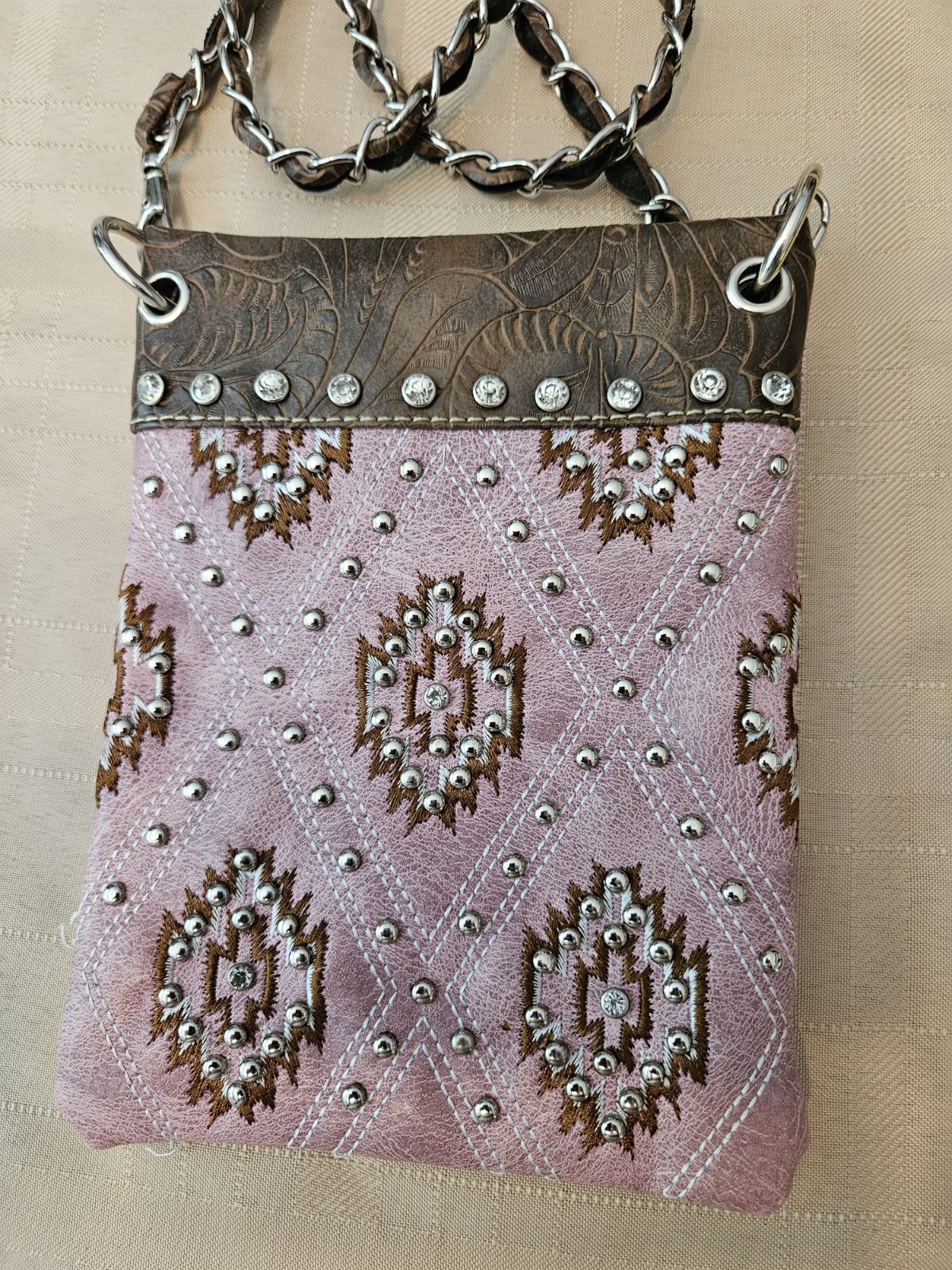 Women’s Pink Embroidered Studded Crossbody Bag Chain Strap Snap