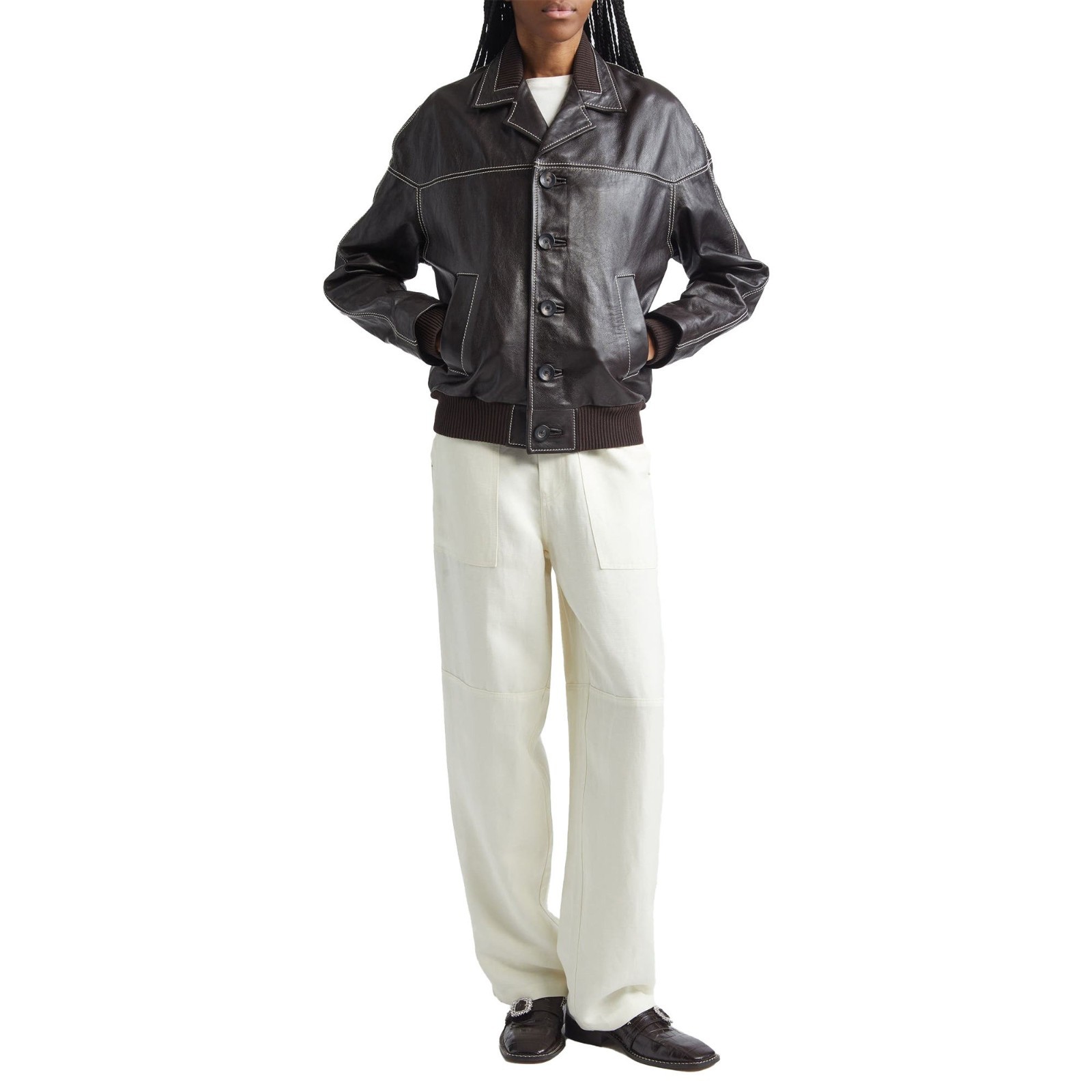 Women’s Real Leather Jacket Dark Brown Button Up Contrast Stitch Biker Coat