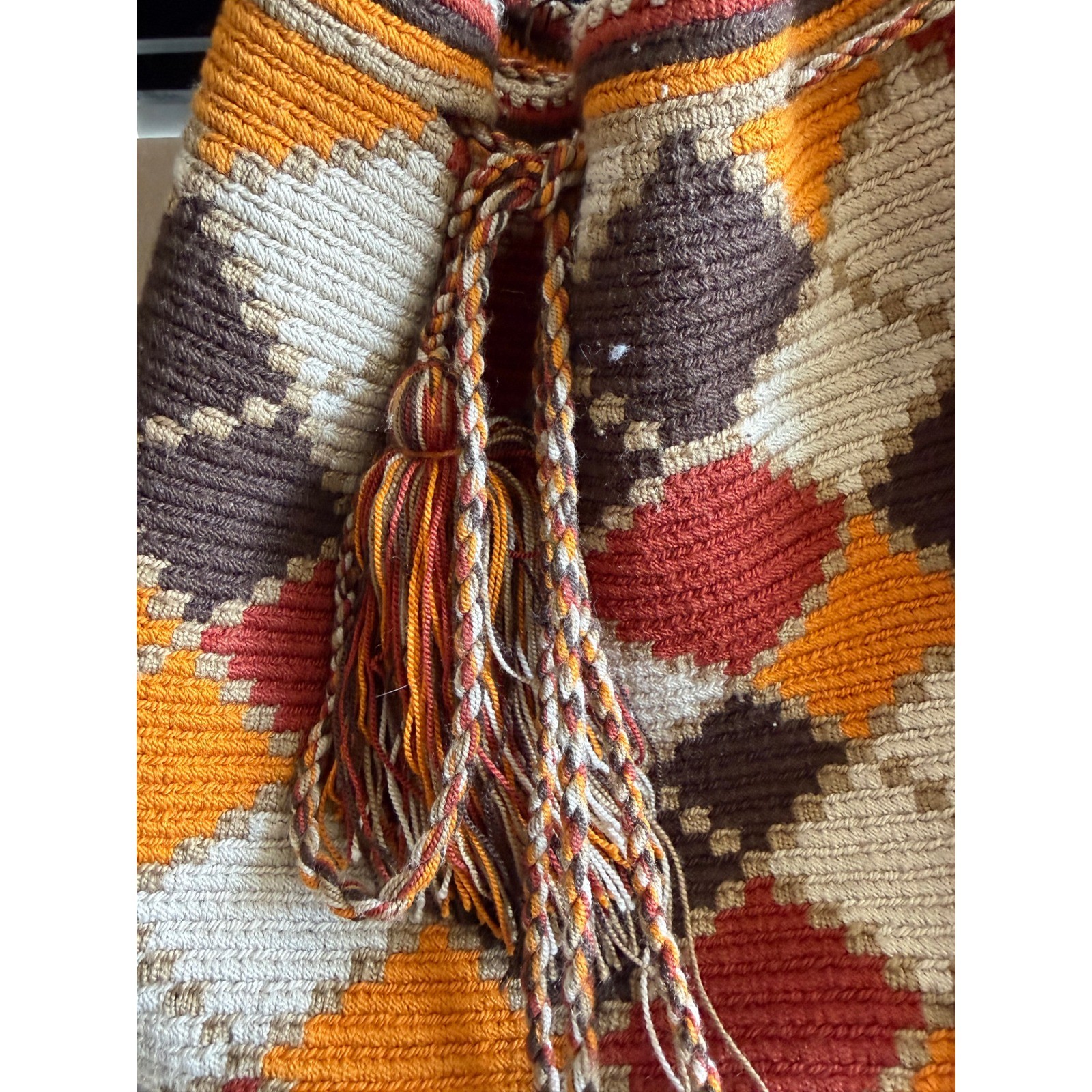 Vintage Wayuu Mochila Hand Woven Geometric Crossbody Tassel Bag Earth Tones