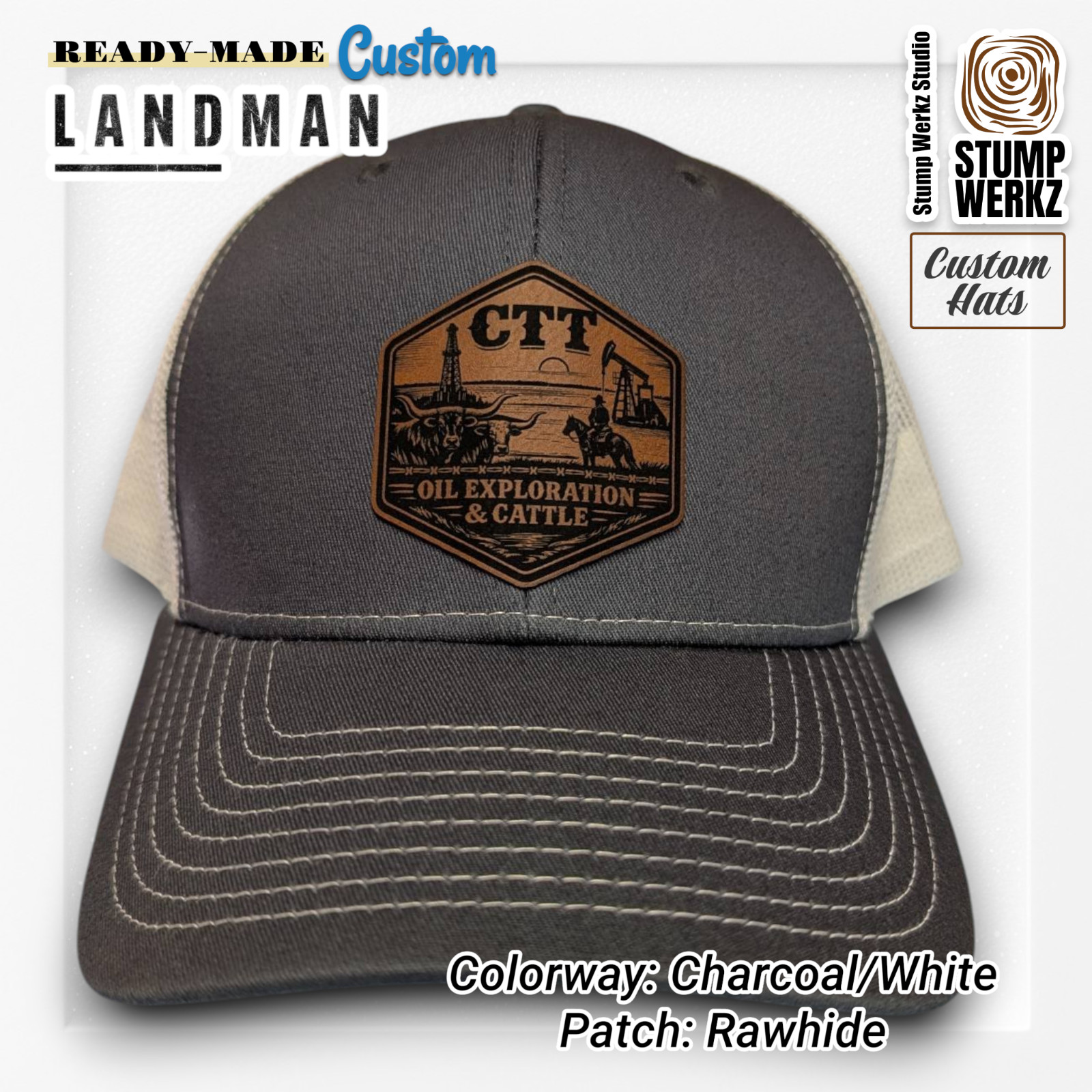 Custom Hat Trucker Baseball Cap Leather Patch CTT Oil Exploration & Cattle Texas