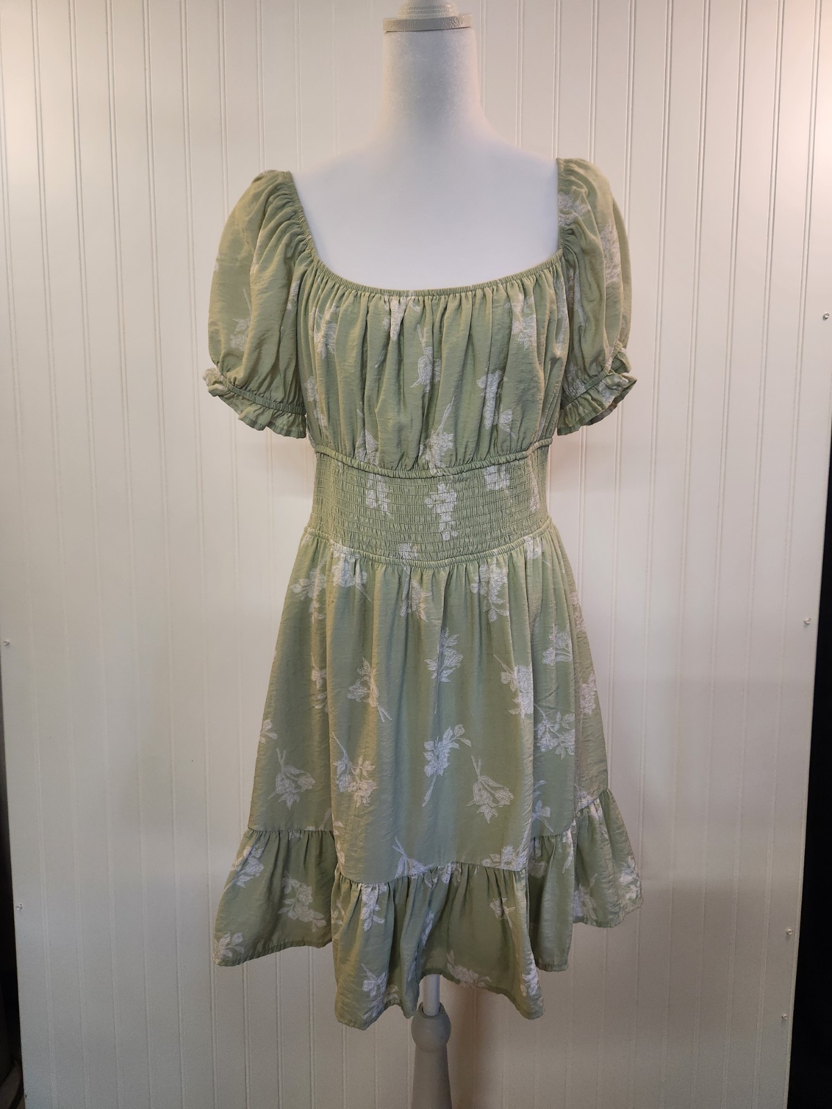 Hesperus Women Lime Floral Print Mini Dress Size XL Cottagecore Milkmaid Soft