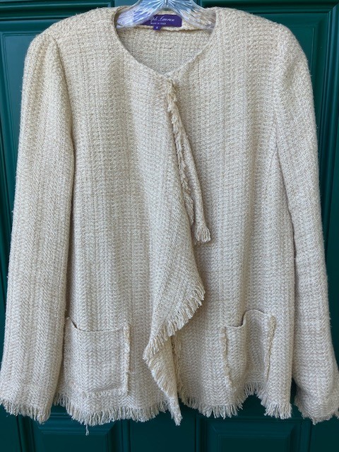 $1295. RALPH LAUREN PURPLE LABEL BEIGE BLOND LINEN FRINGED JACKET 8