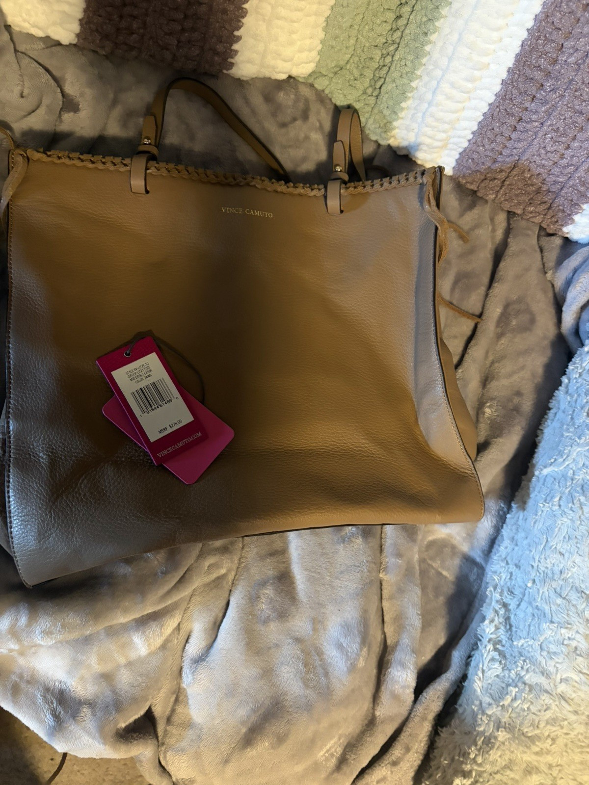 Vince Camuto Brown Pebbled Tote, Zip/Magnetic Closure, Gold Hardware, Pockets