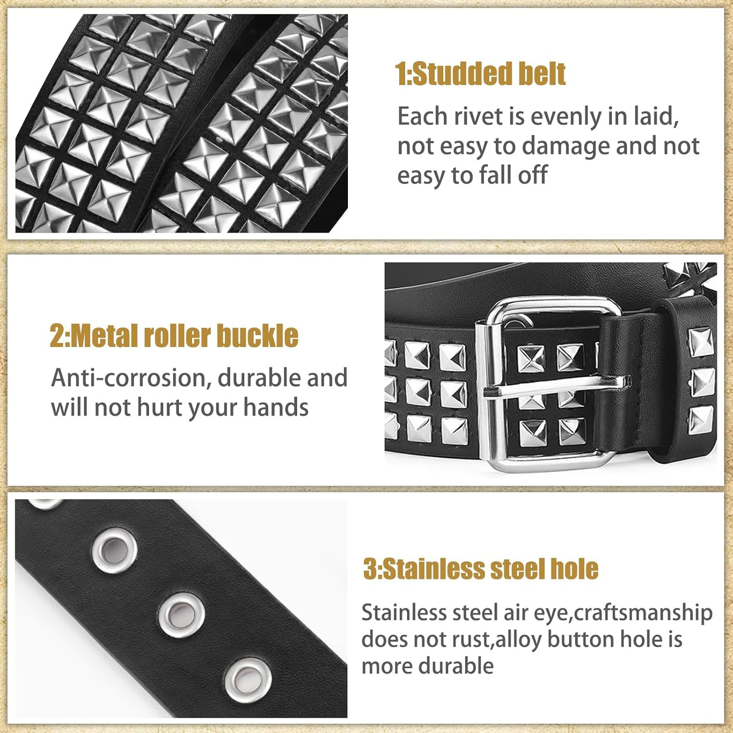 Black Studded Belt, 2 Pcs Y2K Belt Metal Punk Rock Double Grommet Belts with Bri