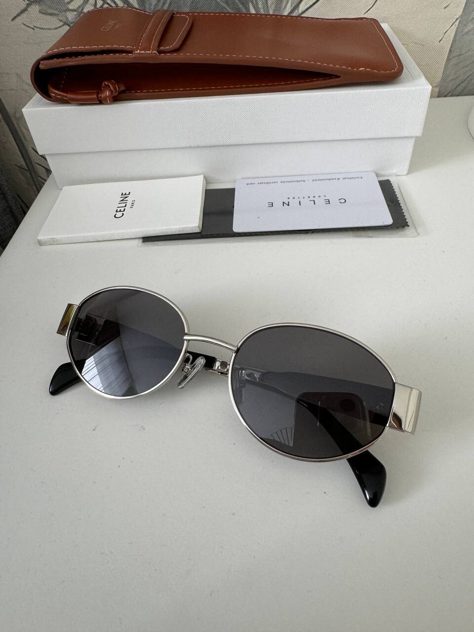 Celine Triomphe Metal Sunglasses, silver, oval