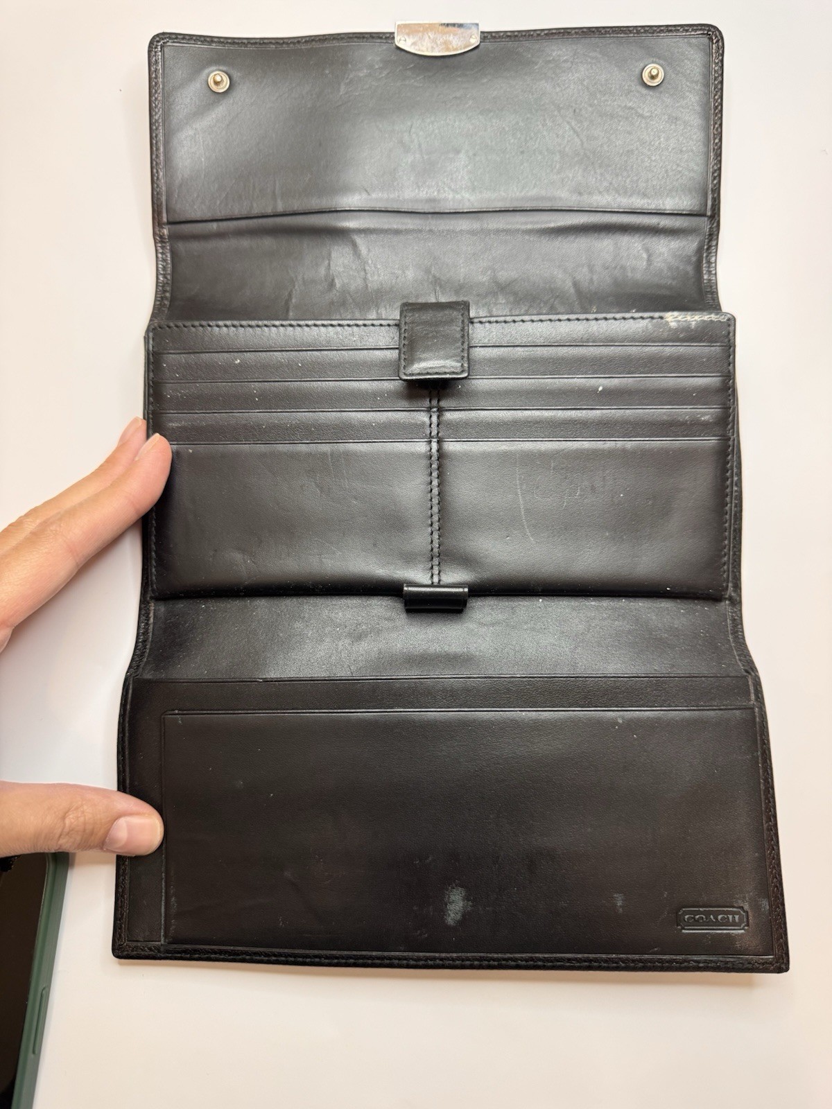 Vintage Coach Black Tri-Fold Clutch Wallet Organizer, Snap & Zip Coin Pocket