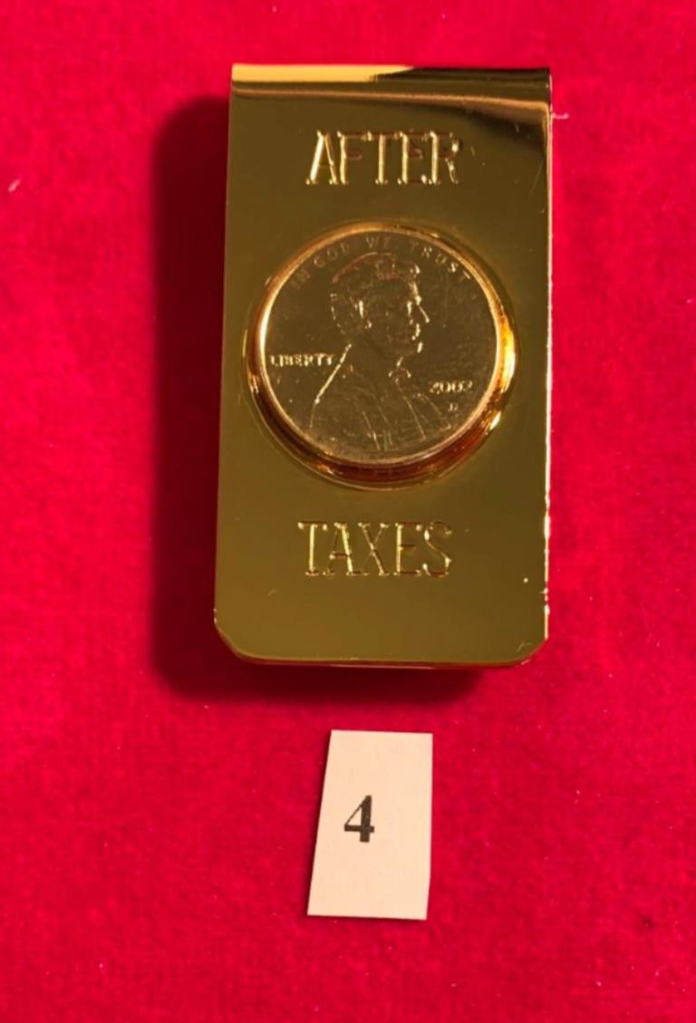 14KT GOLD PLATED AFTER TAXES MONEY CLIP & GENUINE 14KT GOLD PLATED USA PENNY #4