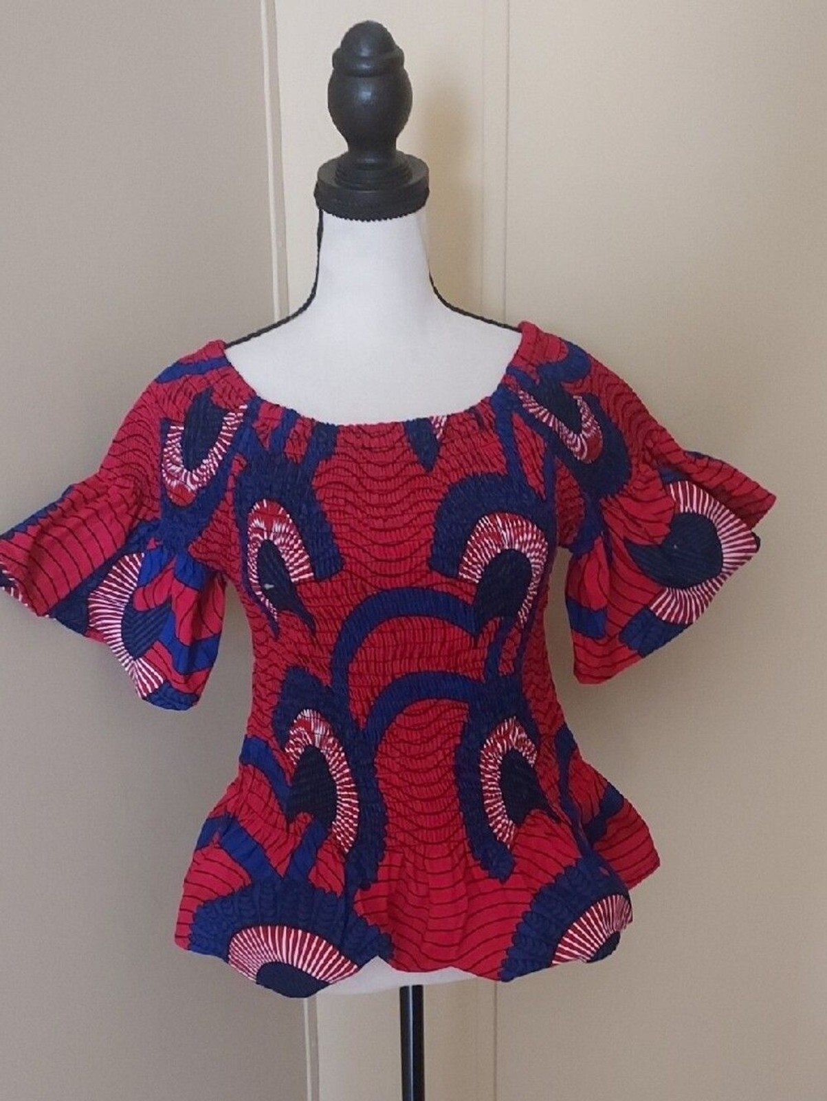 Women’s Red & Navy Ankara Style Print Cotton Smocked Blouse