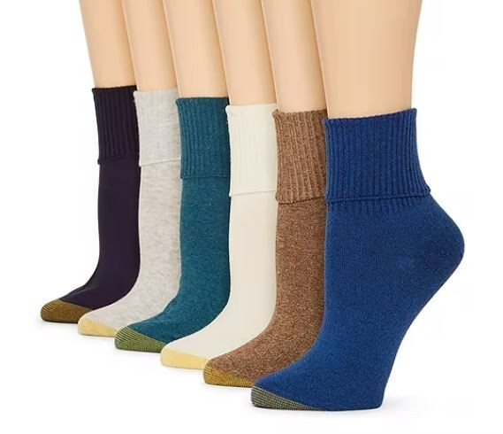 GOLD TOE Women’s 6 pack Turn Cuff Black / White Socks 9-11, fits shoe sizes 6-9