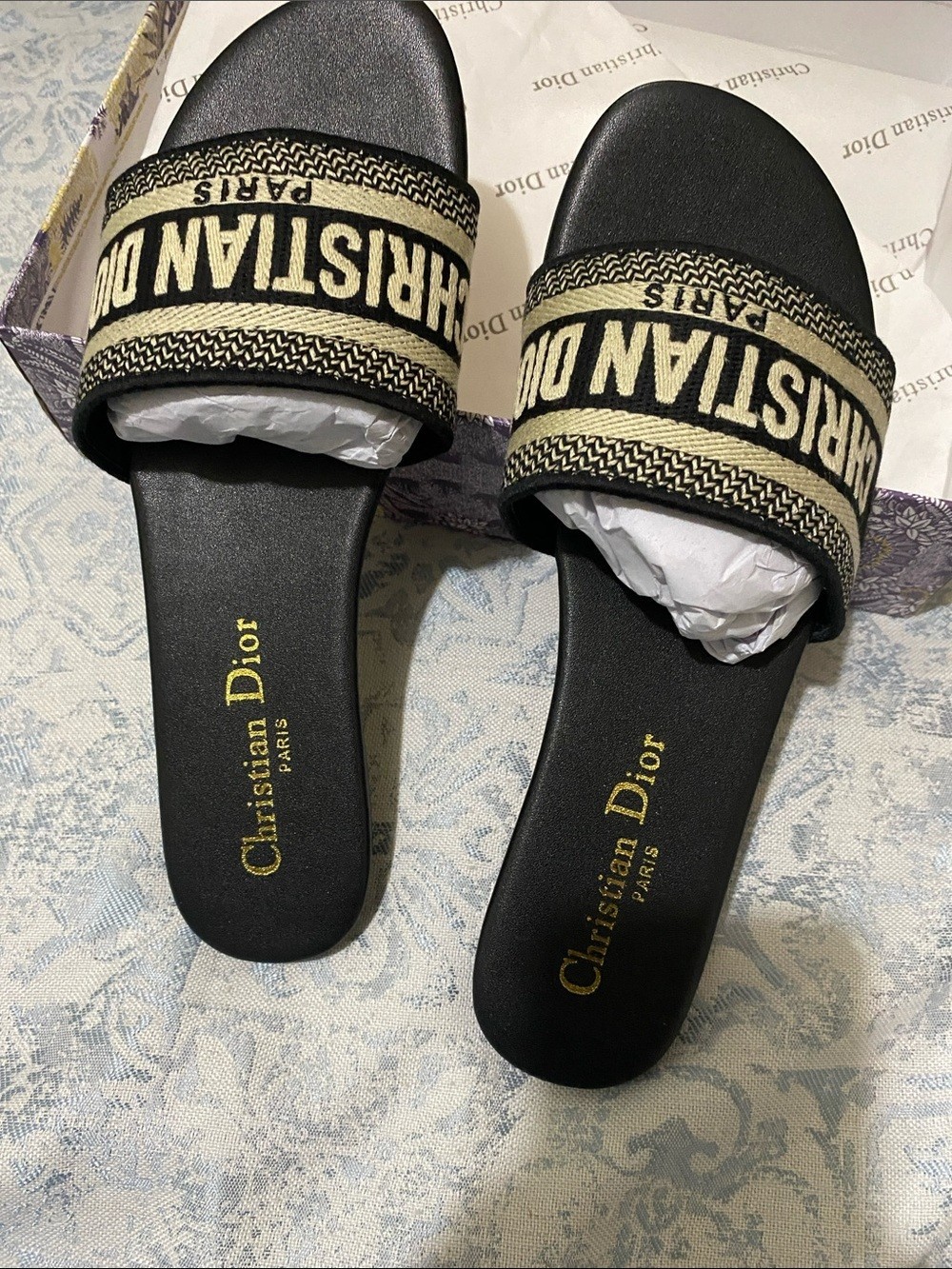 Dior Black and Beige Embroidered Slide Sandals size-EUR-39