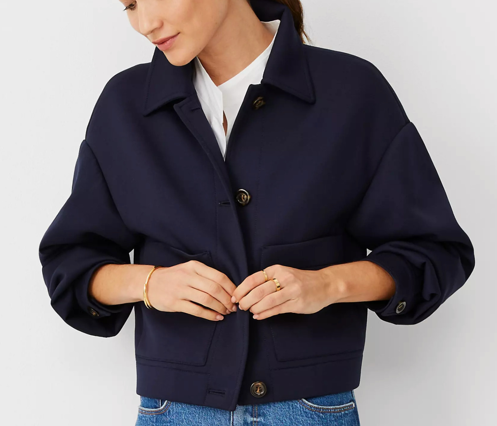 NEW ANN TAYLOR AT WEEKEND NIGHT SKY BLUE PETITE CROPPED SHIRT JACKET LP L