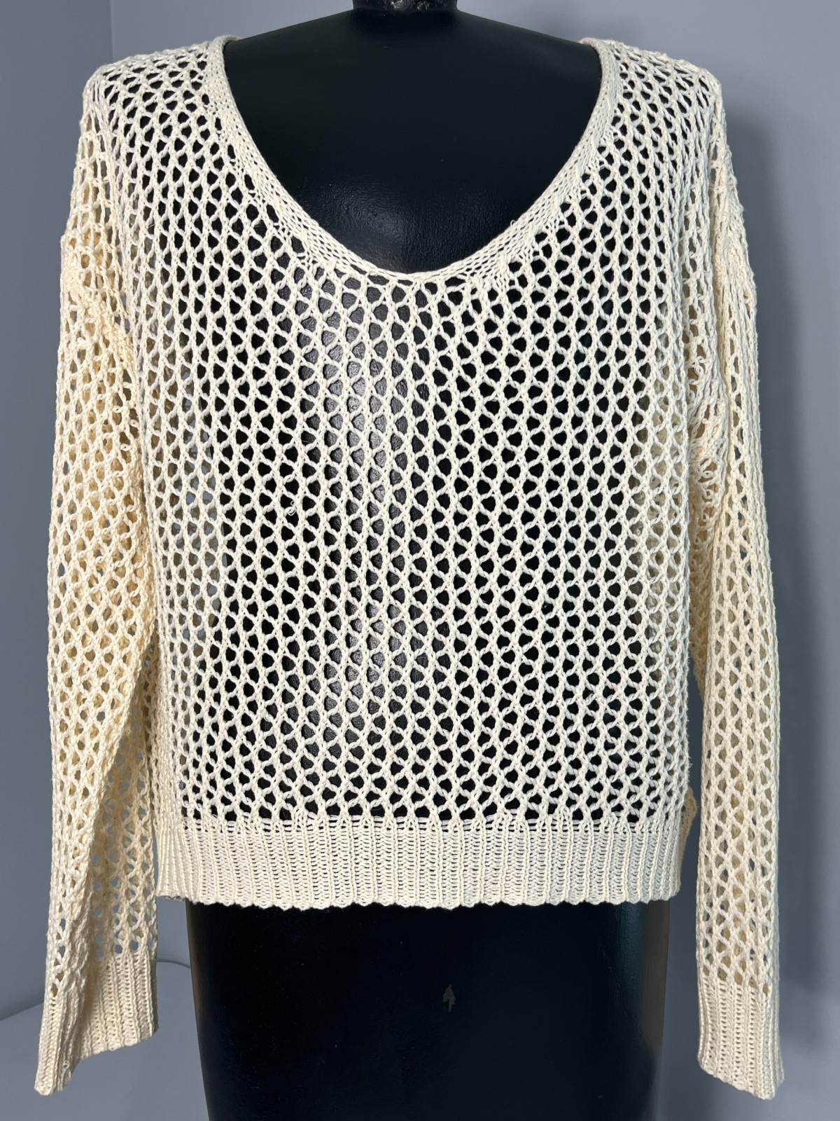 Open Weave Boho Crochet Knit Loose Knit Layering Top Cover Up Size M Ivory