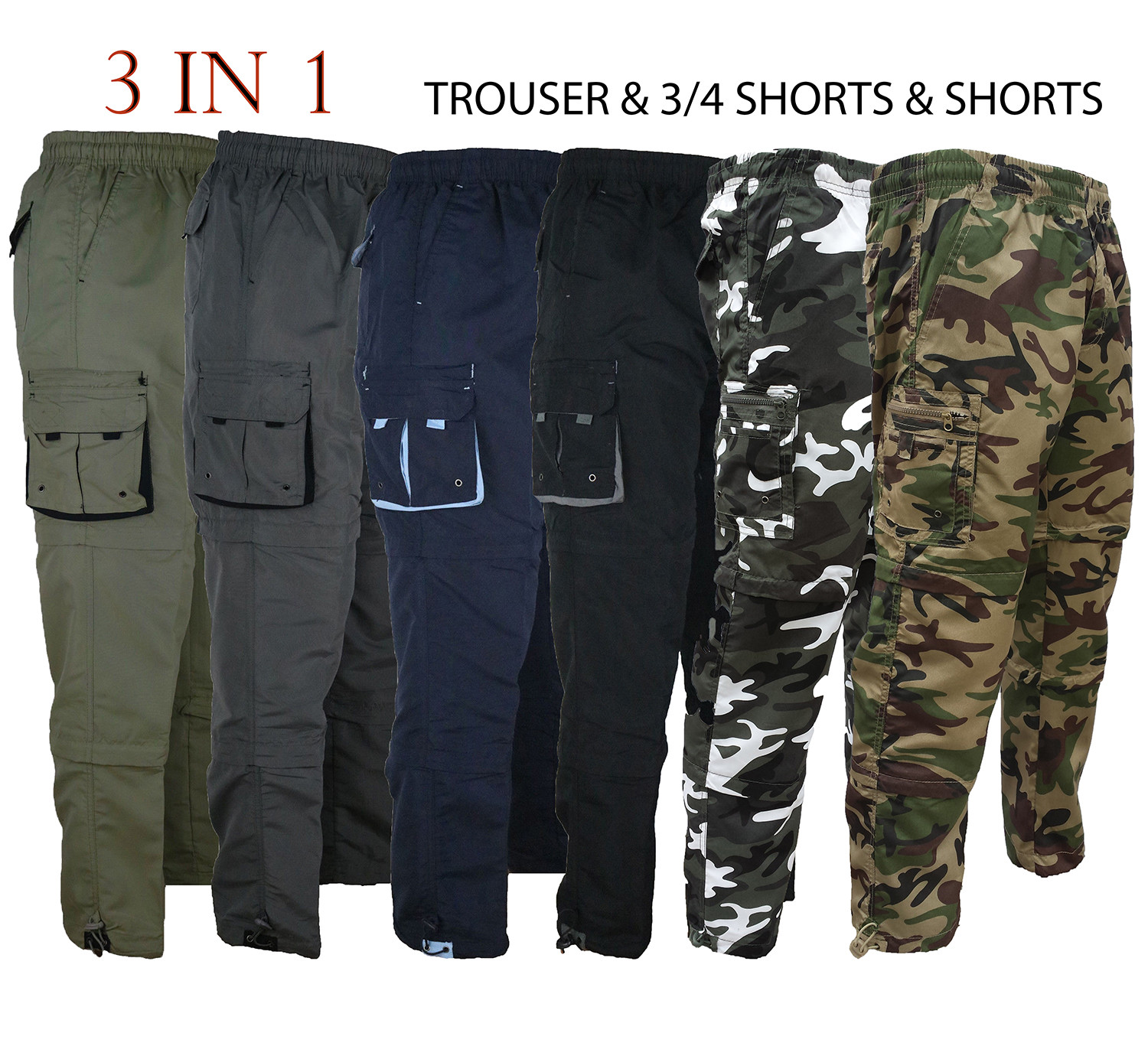 Mens 3 IN 1 Combat Trousers Cargo Pants Shorts 3/4 Zip Off Light S-XXL Summer