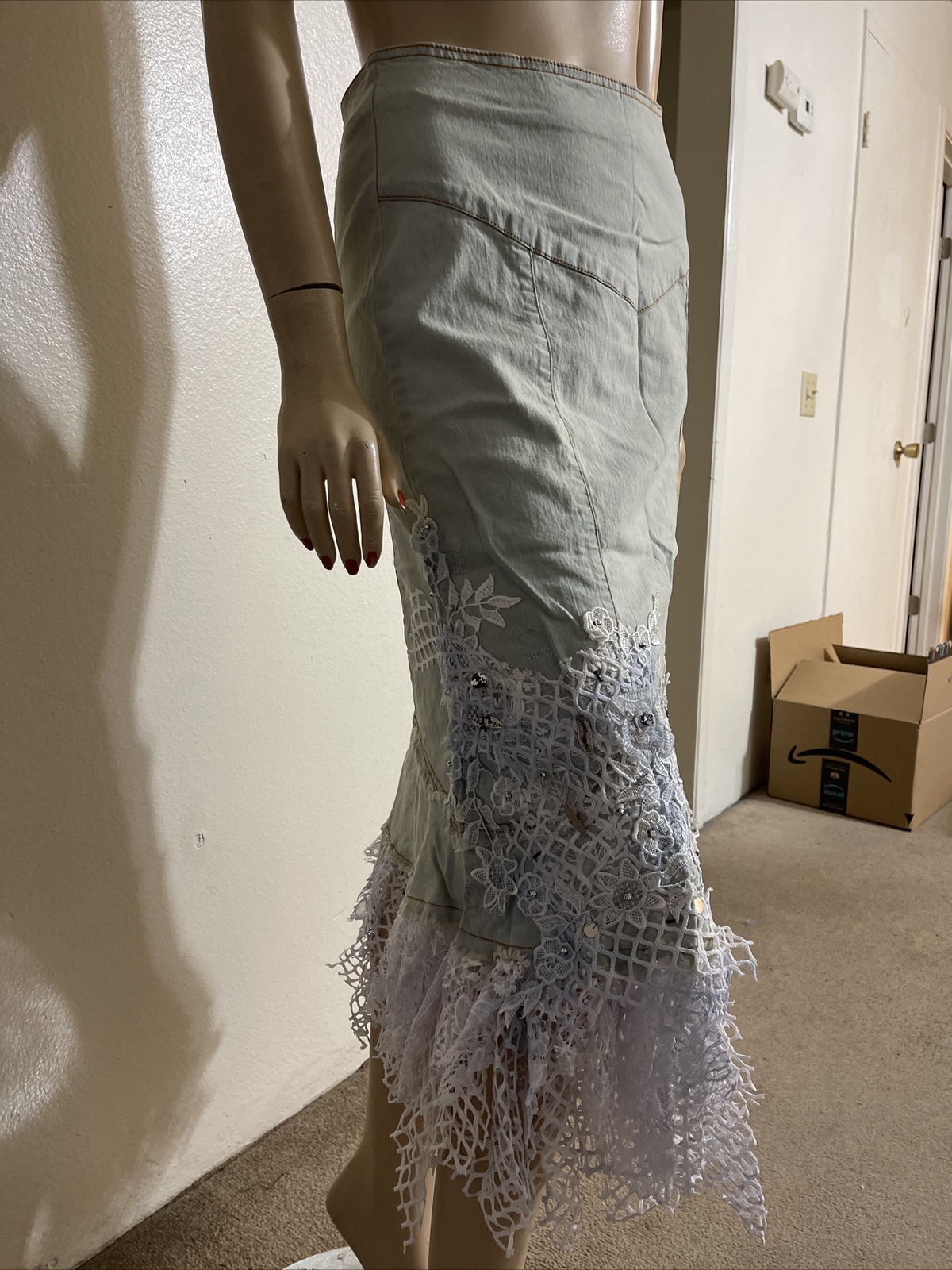 Light Blue Denim Cotton Embroidery Lace Bead Boho Size XL(10-12) Skirt SK 708