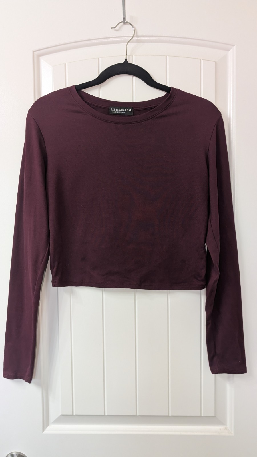 Liz & Sara Burgundy Solid Crew Neck Long Sleeve Knit Cropped Tee XL Regular
