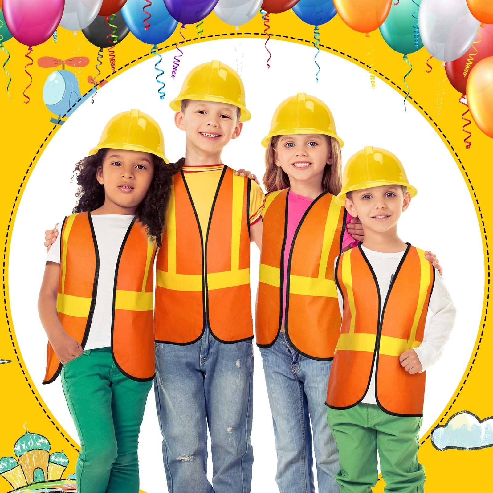 Kids Construction Worker Costume Set – Vests, Hats for Birthday Party & Hallowee
