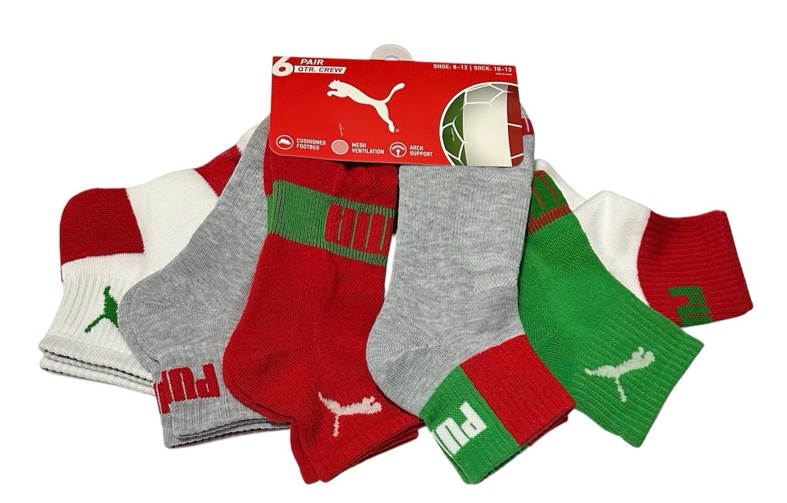 Puma Men’s Cushioned 6-Pair Quarter Crew Socks Large (8-12) Italy Proud